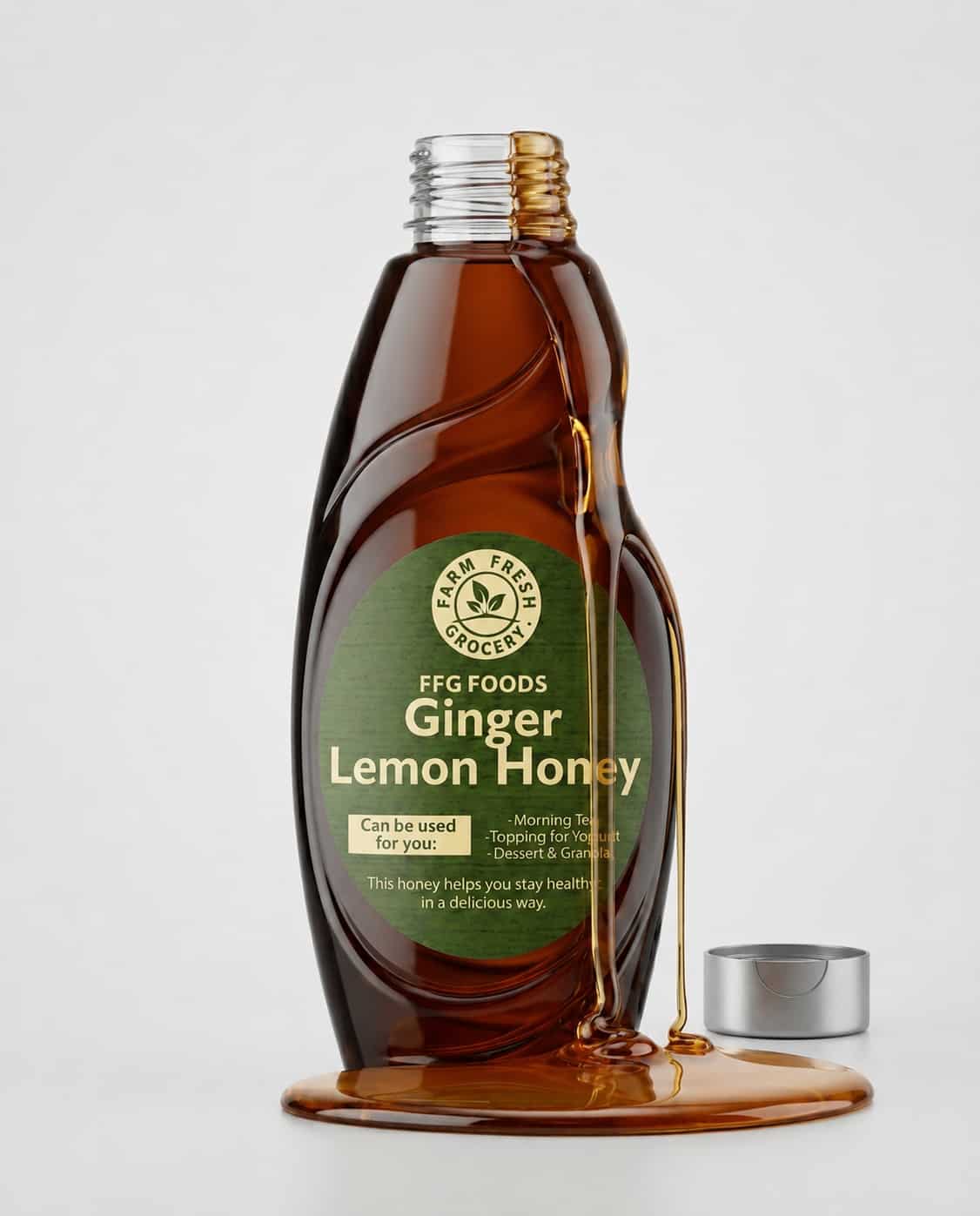 Ginger lemon honey in a glass bottle with honey spilling onto a white background