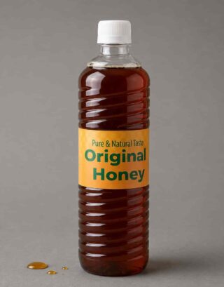 Original honey in a clear plastic bottle with a golden label