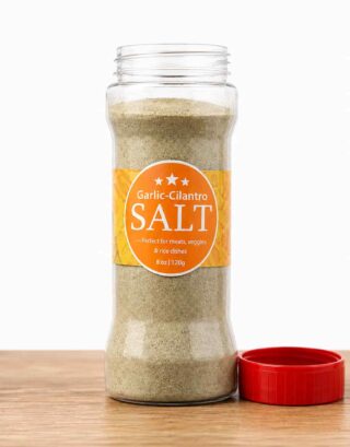 Jar of Garlic-Cilantro Salt seasoning by Farm Fresh Grocery, 120g