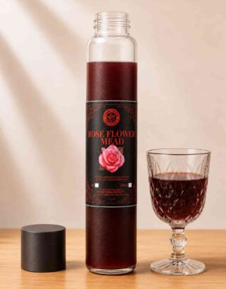 Bottle of Farm Fresh Grocery Rose Flower Mead, a naturally fermented rose honey wine made in Lagos, Nigeria