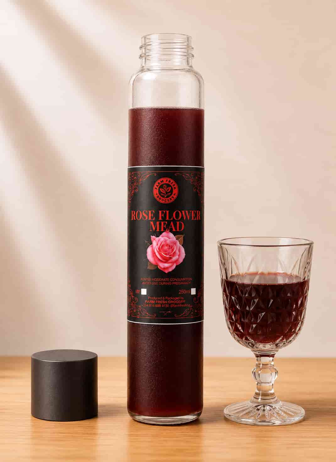Bottle of Farm Fresh Grocery Rose Flower Mead, a naturally fermented rose honey wine made in Lagos, Nigeria
