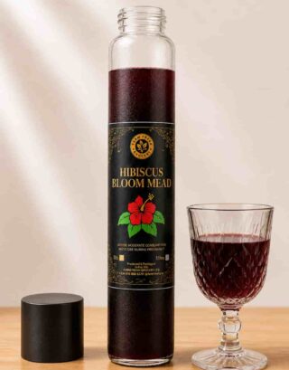 Bottle of Farm Fresh Grocery Hibiscus Bloom Mead, a naturally fermented hibiscus honey wine made in Lagos, Nigeria