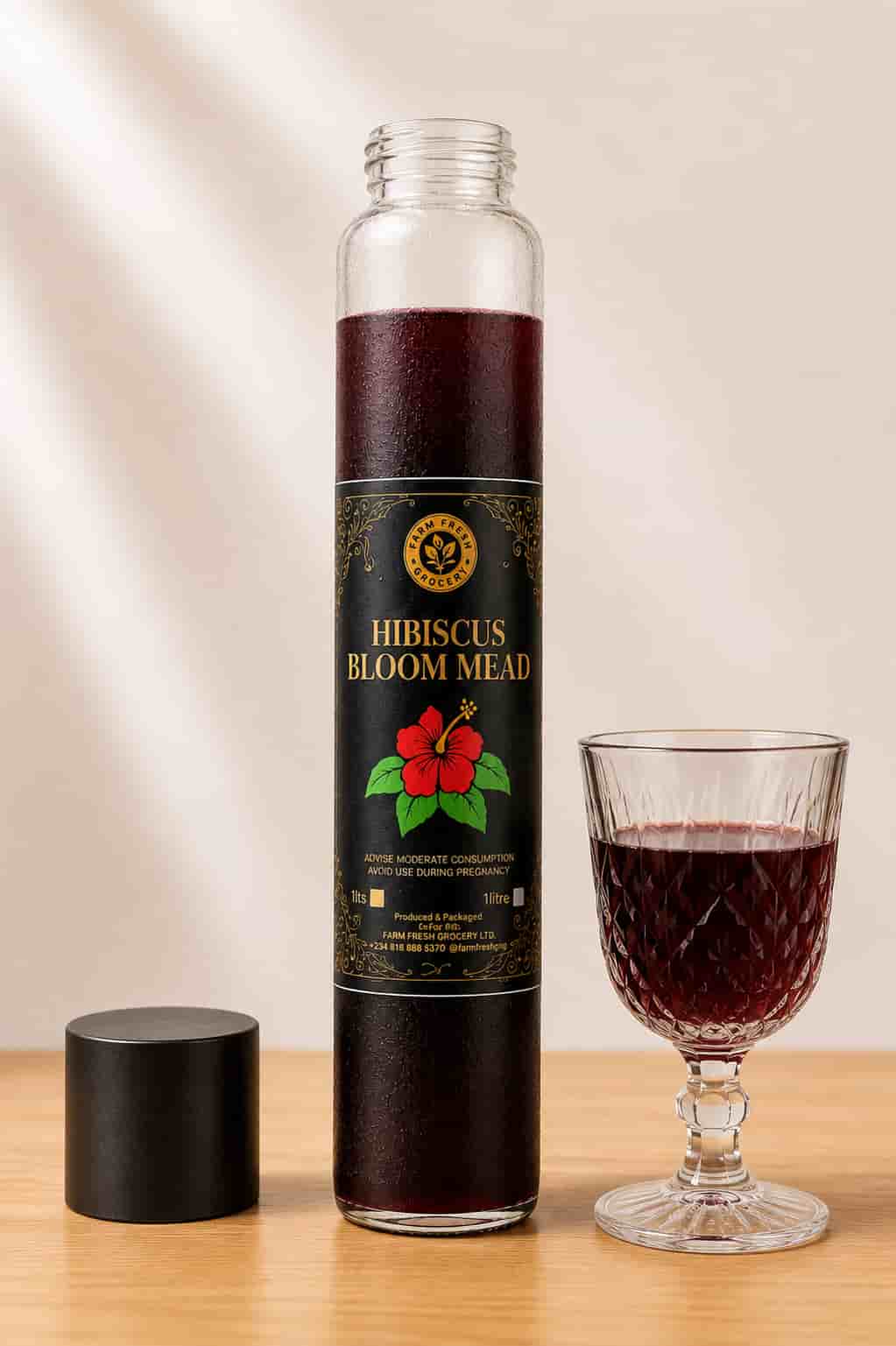 Bottle of Farm Fresh Grocery Hibiscus Bloom Mead, a naturally fermented hibiscus honey wine made in Lagos, Nigeria