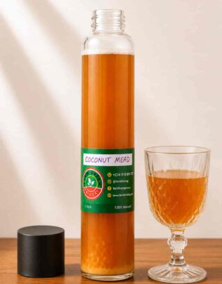 Bottle of Farm Fresh Grocery Coconut Mead, a naturally fermented honey wine made in Lagos, Nigeria