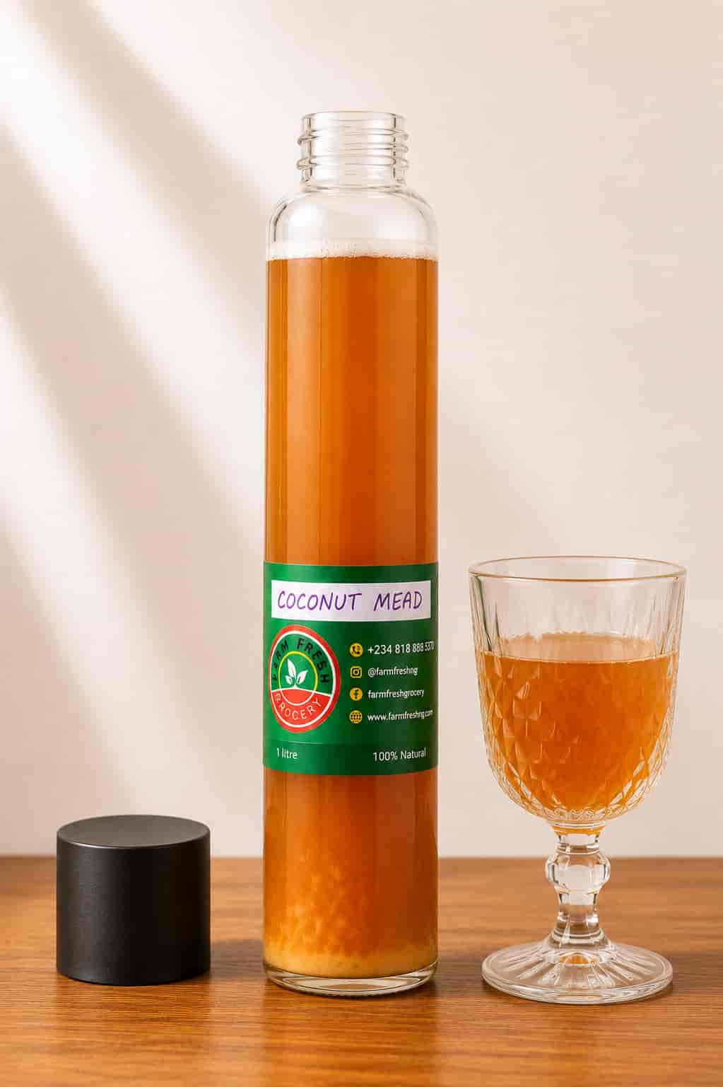 Bottle of Farm Fresh Grocery Coconut Mead, a naturally fermented honey wine made in Lagos, Nigeria