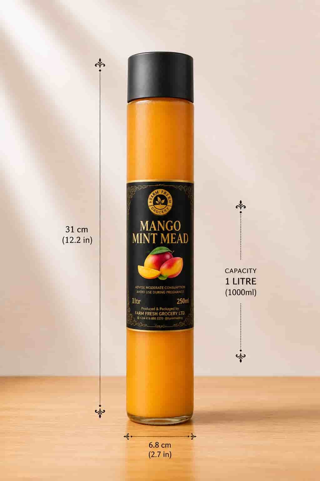 Bottle of Farm Fresh Grocery Pineapple Mead, a naturally fermented pineapple honey wine made in Lagos, Nigeria