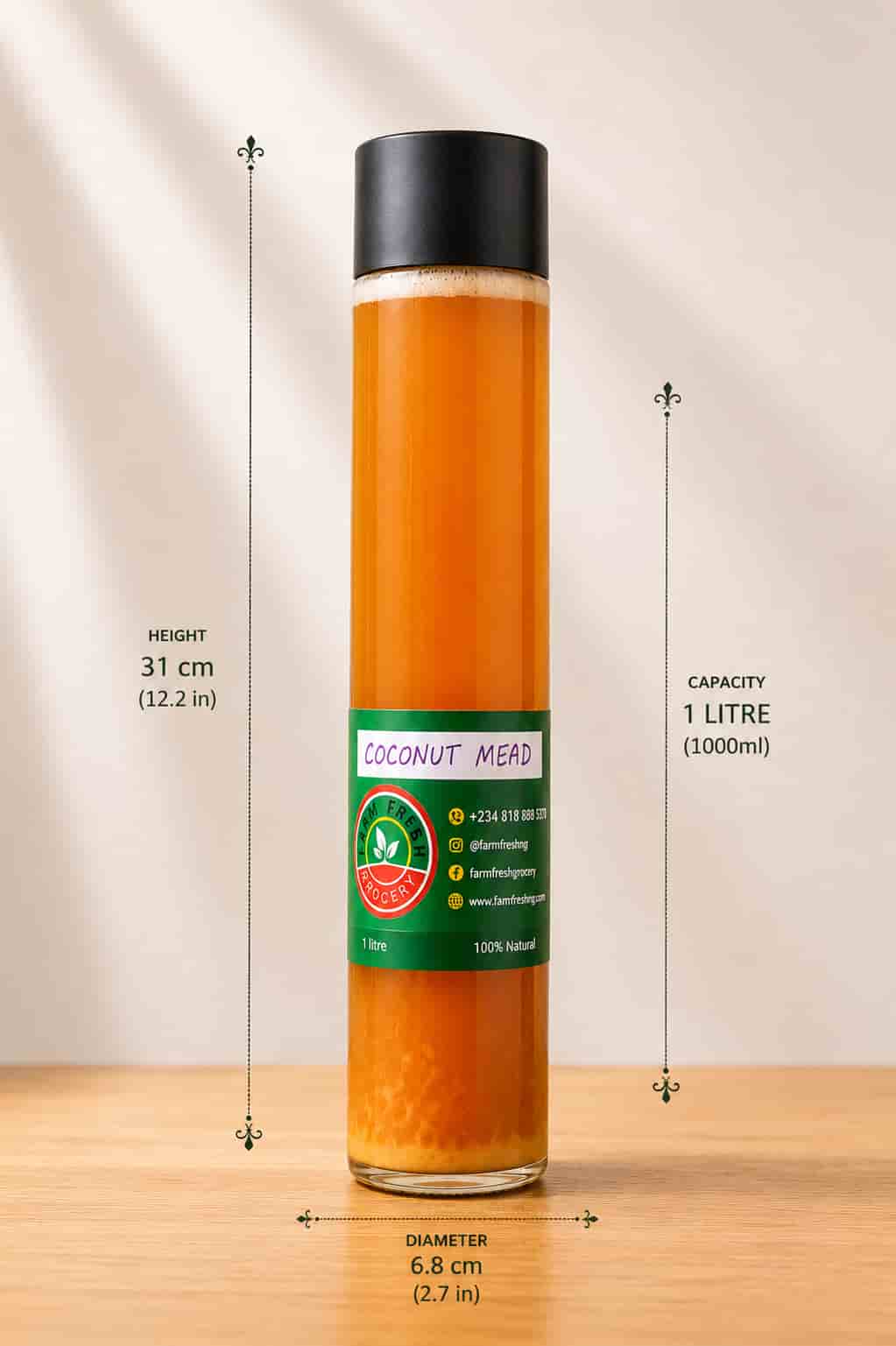 Bottle of Farm Fresh Grocery Coconut Mead, a naturally fermented honey wine made in Lagos, Nigeria