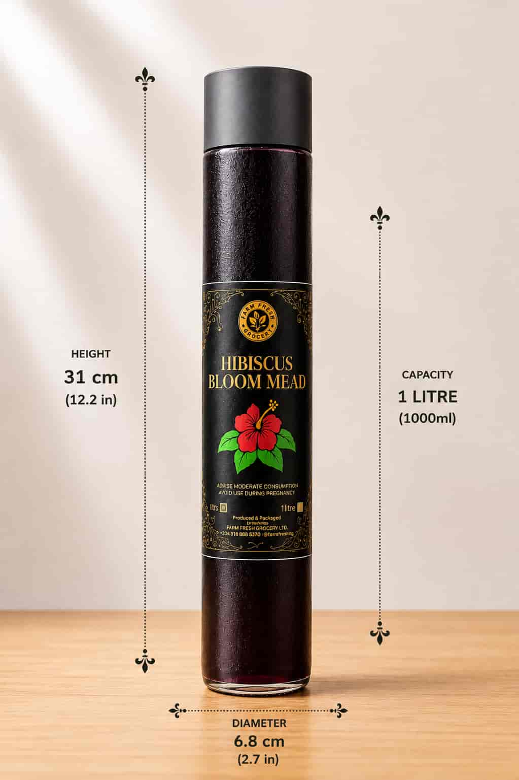 Bottle of Farm Fresh Grocery Hibiscus Bloom Mead, a naturally fermented hibiscus honey wine made in Lagos, Nigeria