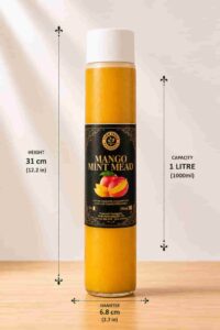 Bottle of Farm Fresh Grocery Mango Mint Mead, a naturally fermented mango and mint honey wine made in Lagos, Nigeria
