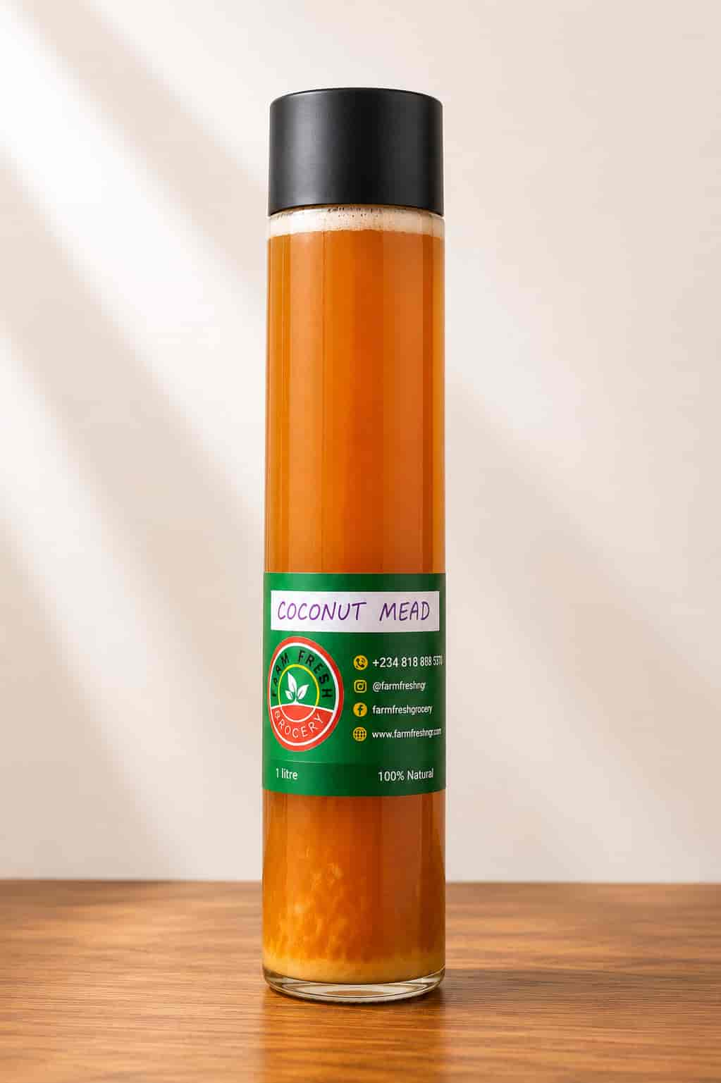 Bottle of Farm Fresh Grocery Coconut Mead, a naturally fermented honey wine made in Lagos, Nigeria