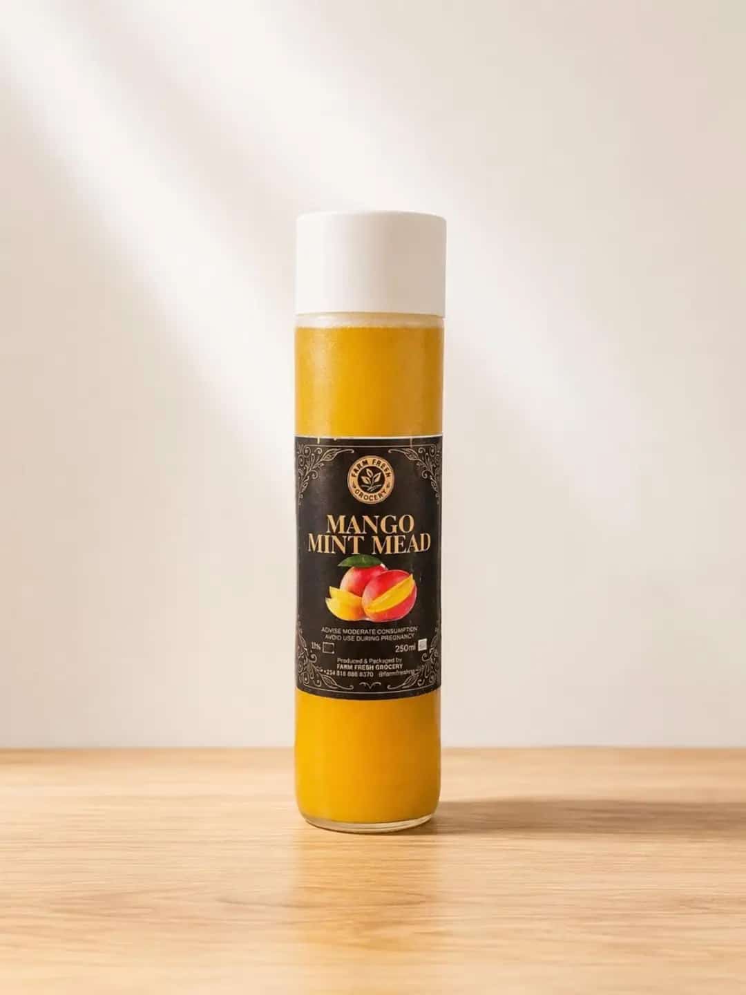 Farm Fresh Grocery Mango Mint Mead 250ml bottle made with 100 percent pure natural honey.