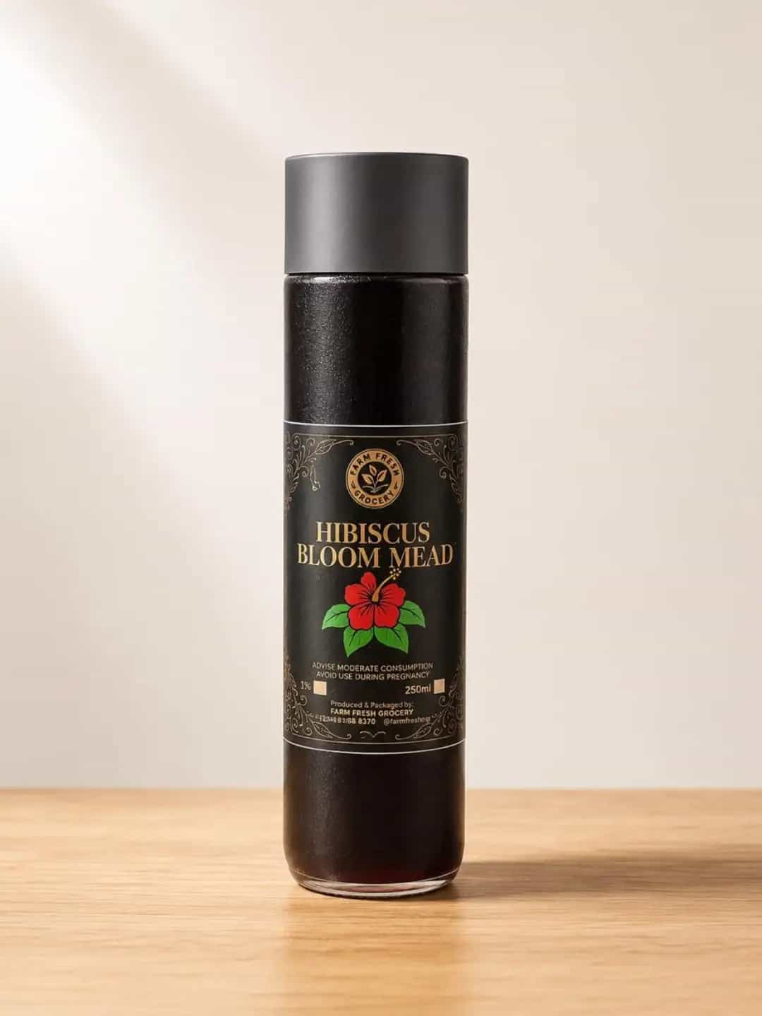 Farm Fresh Grocery Hibiscus Bloom Mead 250ml bottle made with 100 percent pure natural honey.