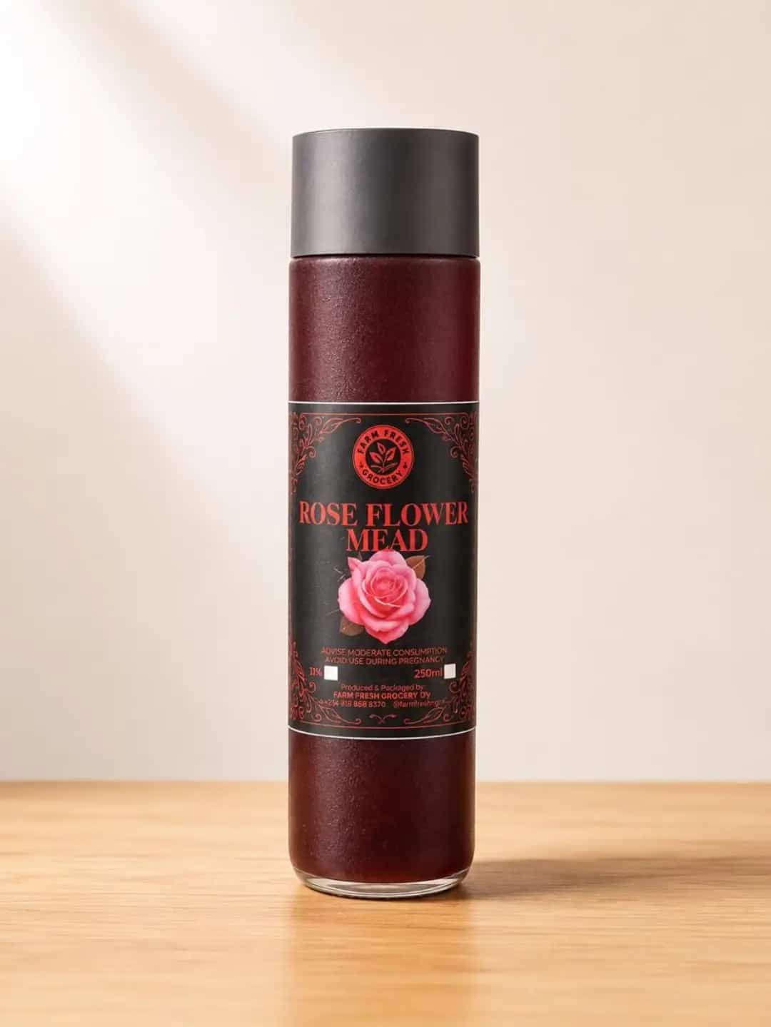 Farm Fresh Grocery Rose Flower Mead 250ml bottle made with 100 percent pure natural honey.