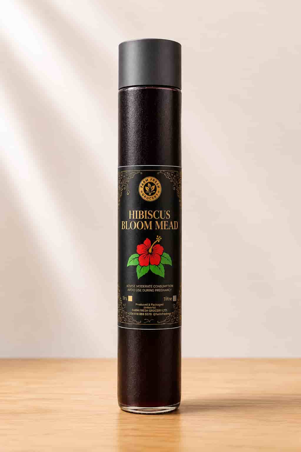 Bottle of Farm Fresh Grocery Hibiscus Bloom Mead, a naturally fermented hibiscus honey wine made in Lagos, Nigeria