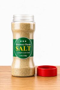 Jar of Rosemary-Thyme Salt seasoning by Farm Fresh Grocery, 120g