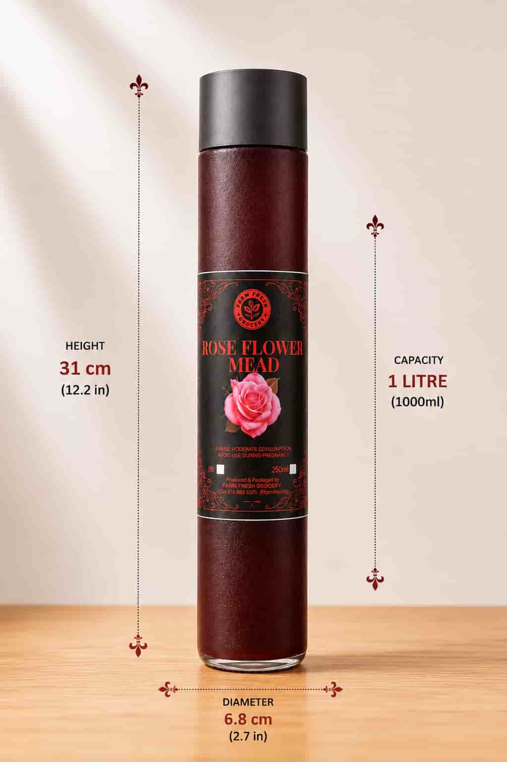 Bottle of Farm Fresh Grocery Rose Flower Mead, a naturally fermented rose honey wine made in Lagos, Nigeria