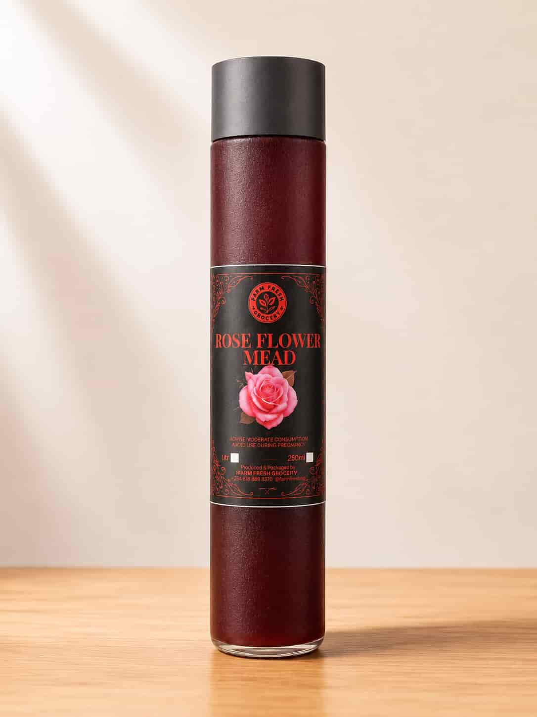 Bottle of Farm Fresh Grocery Rose Flower Mead, a naturally fermented rose honey wine made in Lagos, Nigeria